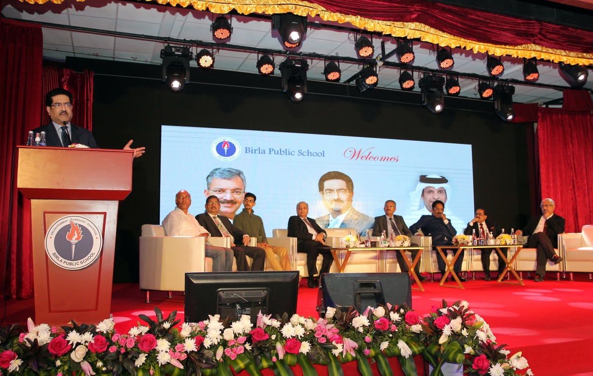 Kumar Mangalam Bilra, Chairperson of Aditya Birla Group, addressing a function held in his honour at Birla Public School Doha, while Dr. Deepak Mittal, Ambassador of India to Qatar; Gope Shahani, Chairman, BPS; BPS directors Dr. Mohan Thomas, C V Rappai, Lukose K Chacko; Aryaman Birla and Harish Sanduja, academic director and principal at the school attended the event held in Doha yesterday.   Pic: Salim Matramkot/The Peninsula