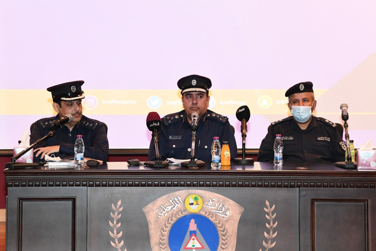 Acting Director of General Directorate of Traffic, Muhammad Abdullah Al Shahwani; Director of Traffic Awareness Department, Col Dr Muhammad Radi Al Hajri and Assistant Director of Licensing Affairs, Col Rashid Salih Al Qamra during the press conference.