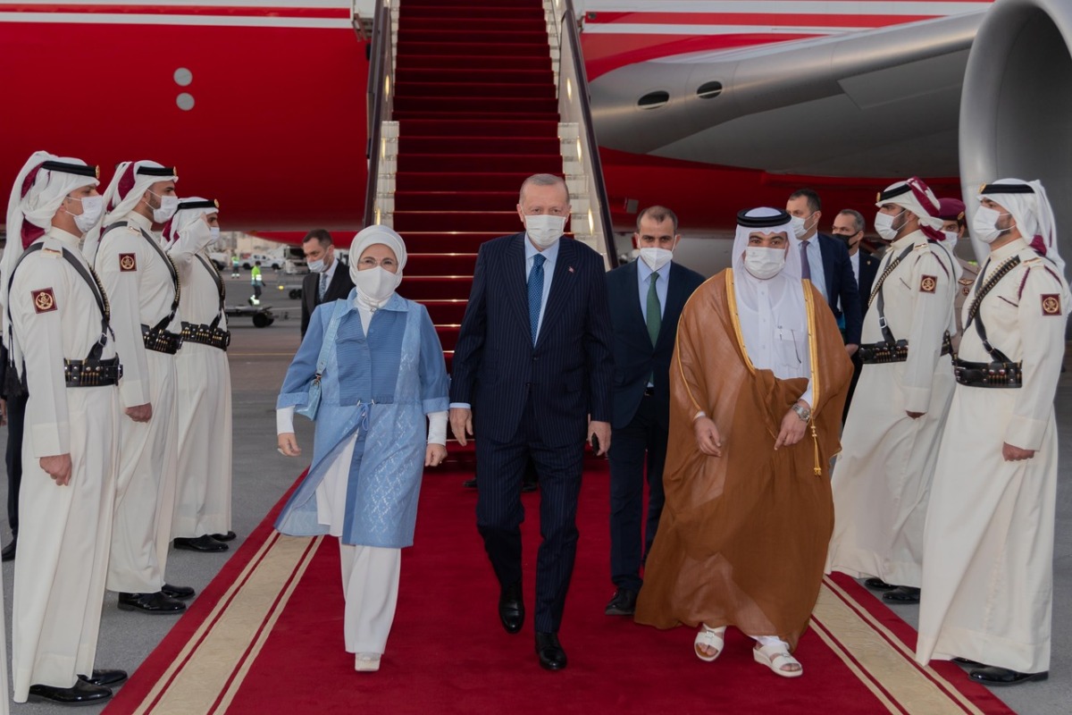 President of the Republic of Turkey H E Recep Tayyip Erdogan arrives at the Doha International Airport, yesterday.