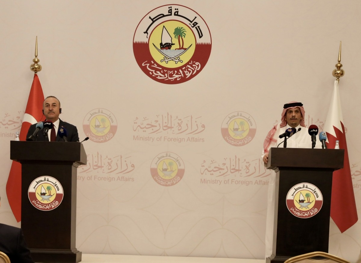 Deputy Prime Minister and Minister of foreign Affairs H E Sheikh Mohammed bin Abdulrahman Al Thani with Turkish Minister of Foreign Affairs Mevlut Cavusoglu during a joint press conference.