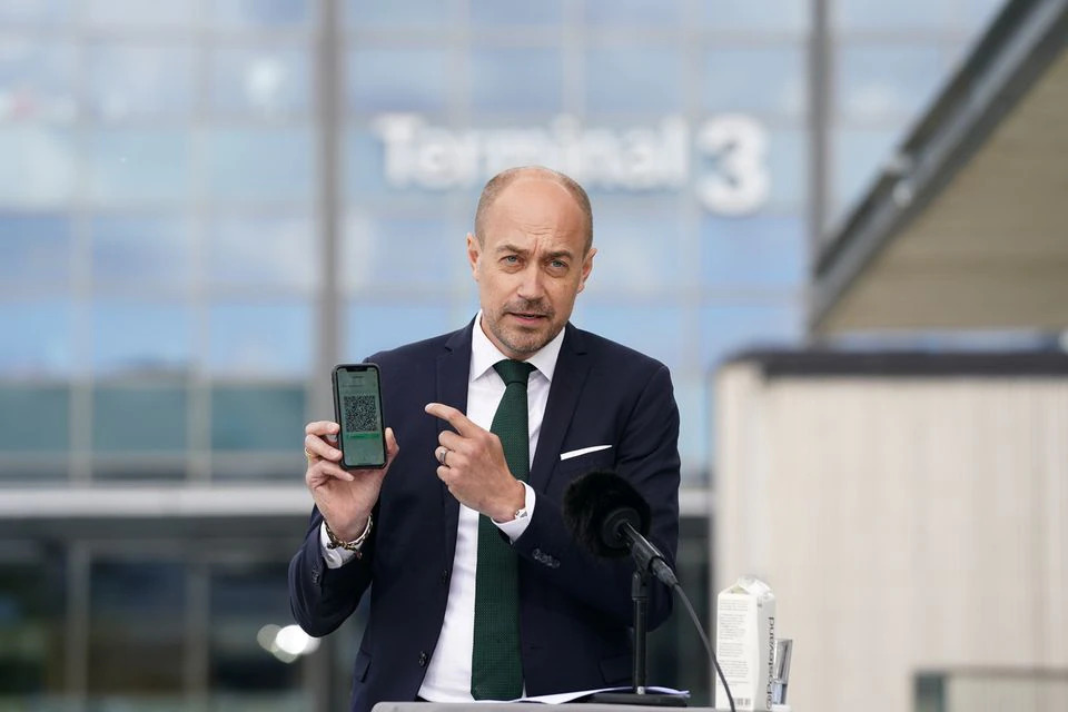 Denmark's Minister of Health Magnus Heunicke holds a news conference on the launch of the new digital COVID-19 passport, amid the spread of the coronavirus disease (COVID-19), at Copenhagen Airport, in Copenhagen, Denmark May 28, 2021. Martin Sylvest/Ritzau Scanpix/via REUTERS

