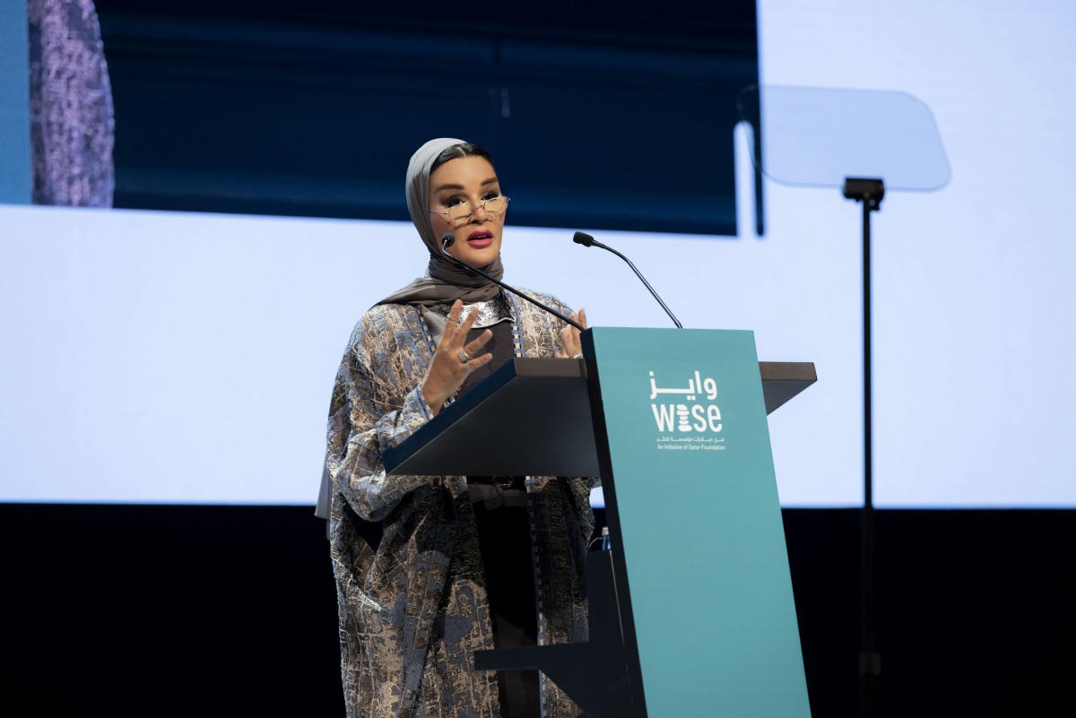 H H Sheikha Moza bint Nasser addressing the opening of the three-day WISE Global Summit at the Qatar National Convention Centre (QNCC), yesterday. Pic: AR Al Baker