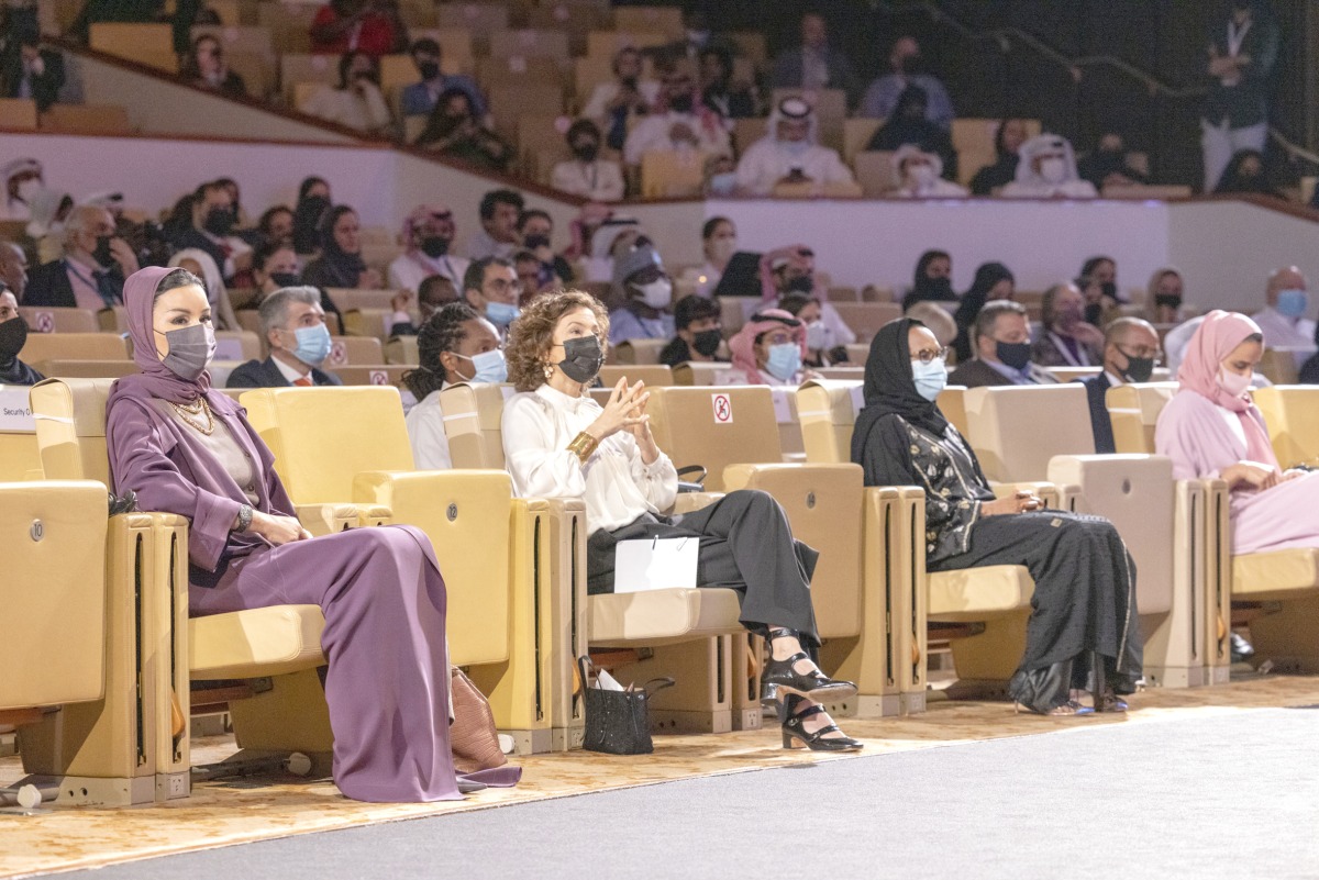 H H Sheikha Moza bint Nasser, Chairperson of EAA and UN Sustainable Development Goals Advocate, and other dignitaries participate in EAA plenary session at WISE 2021, yesterday. Pic: AR Al-Baker