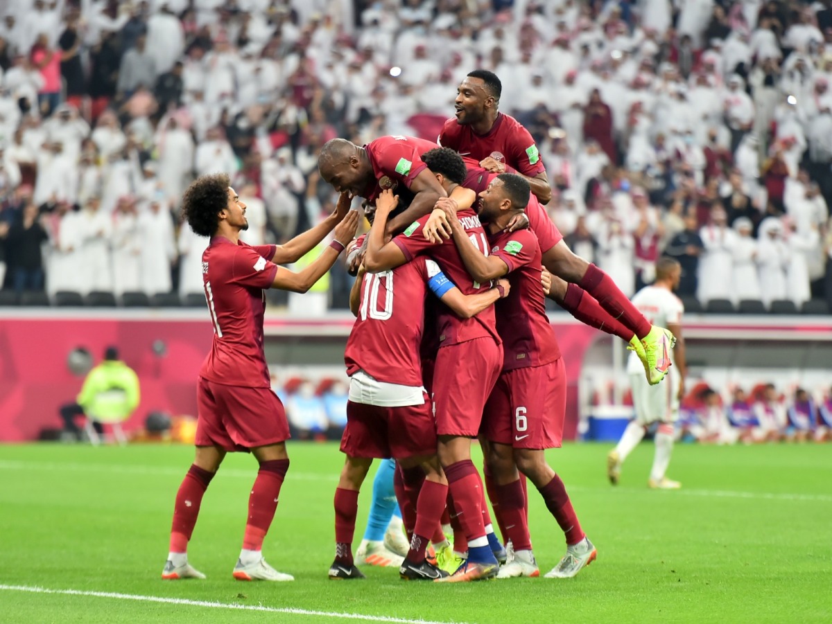 Qatar players celebrate after Boualem Khoukhi scored their third goal against the United Arab Emirates during their FIFA Arab Cup 2021 match at Al Bayt Stadium. Almoez Ali (28, 45'+3'), Boualem Khoukhi (36') and Abdulaziz Hatem (44') scored for Qatar following an own goal (6’). Pic: Abdul Basit