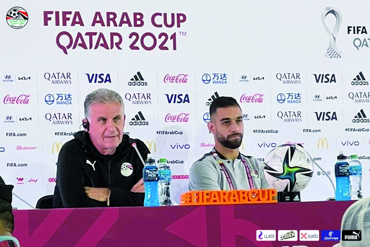 Egypt coach Carlos Queiroz and defender Amr El Soleya during a press conference yesterday.