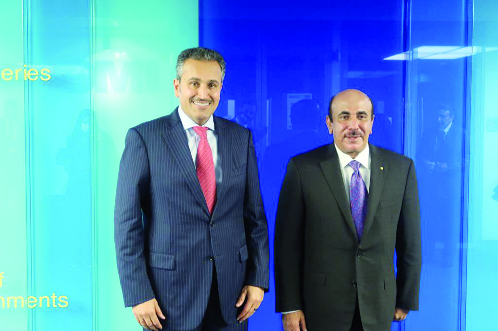 Minister of Transport H E Jassim bin Saif Al Sulaiti (right), with Minister of Transport and Logistic Services of the sisterly Kingdom of Saudi Arabia, H E Eng. Saleh bin Nasser Al Jasser, on the sidelines of the International Maritime Organisation meeting in London, yesterday.