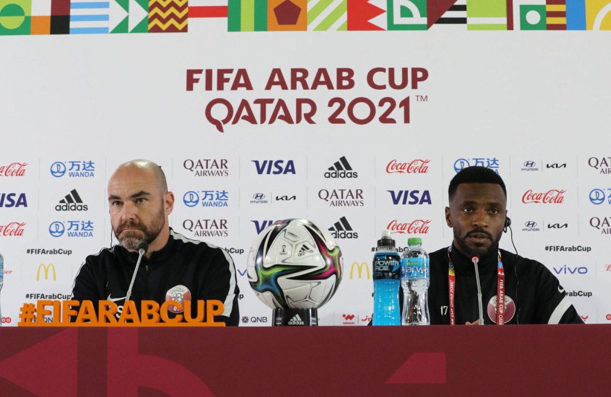 Qatar coach Felix Sanchez and midfielder Ismail Mohamad during the pre-match press conference yesterday.