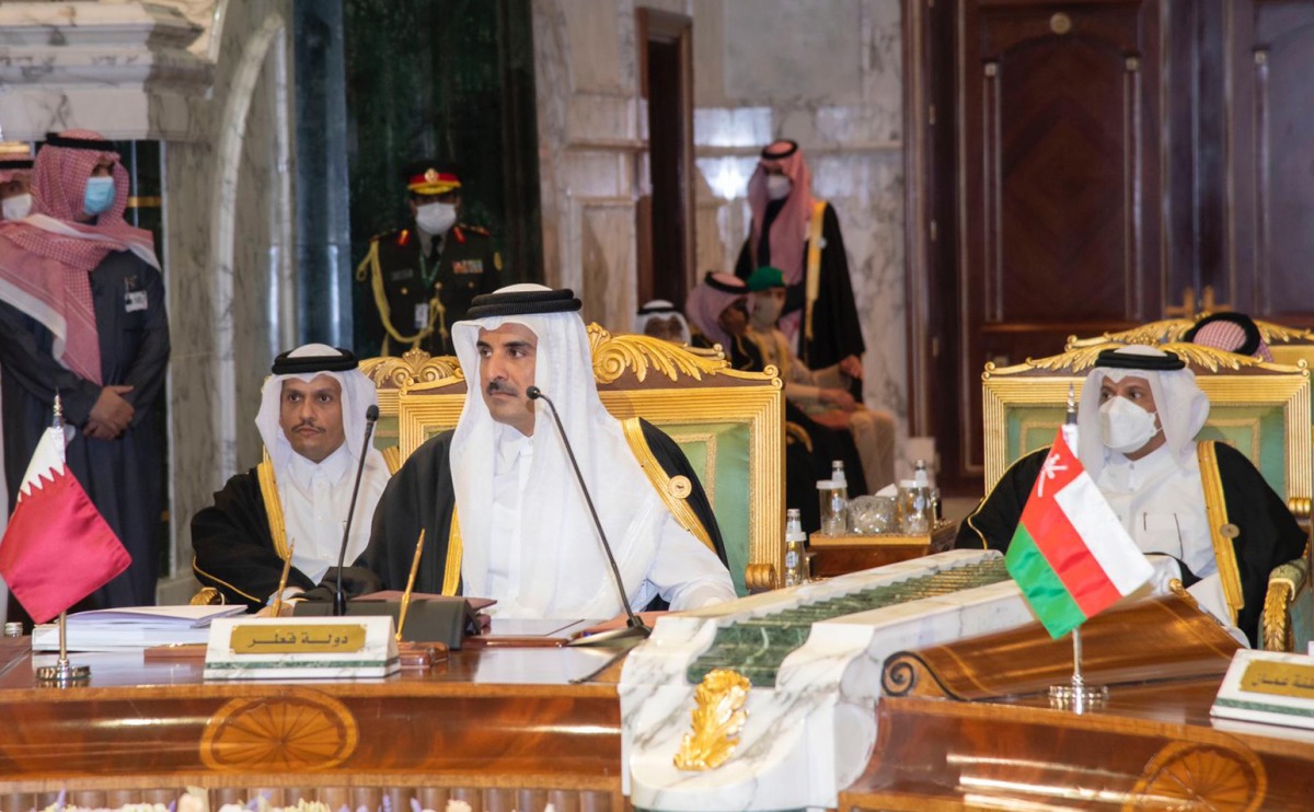 Amir H H Sheikh Tamim bin Hamad Al Thani attending the 42nd session of the Supreme Council of the GCC in Riyadh, yesterday.