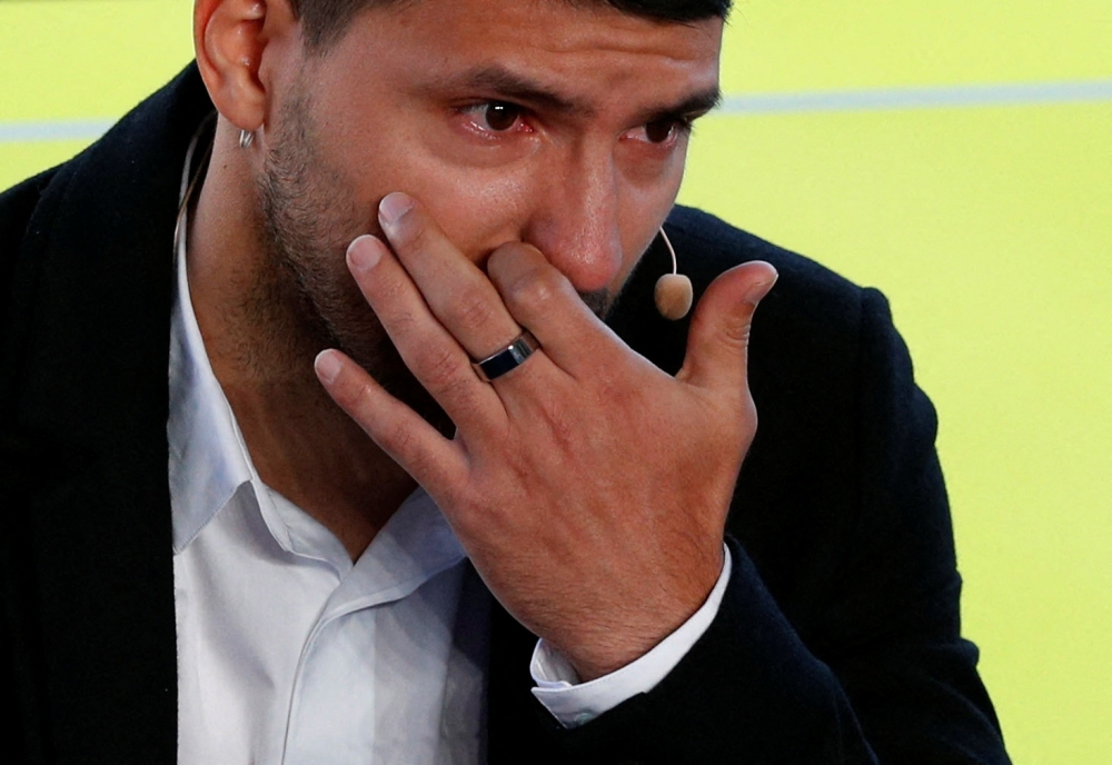 FC Barcelona's Sergio Aguero reacts after announcing his retirement from football during the press conference REUTERS/Albert Gea