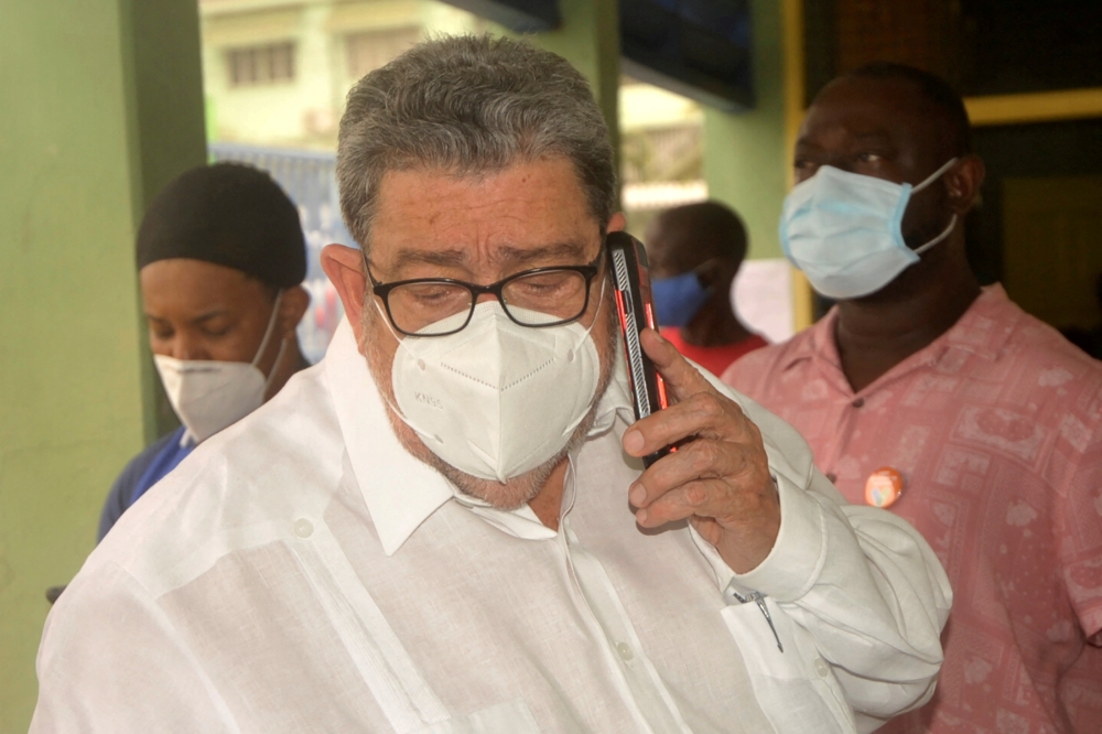 Prime Minister Ralph Gonsalves visits a shelter a day after the La Soufriere volcano erupted after decades of inactivity, in Kingstown, St Vincent and the Grenadines April 10, 2021. REUTERS/Robertson S. Henry/File Photo