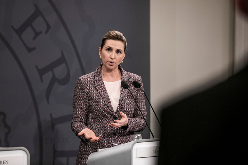 Denmark's Prime Minister Mette Frederiksen speaks during a news conference on the coronavirus disease (COVID-19) in the Mirror Hall in the PM's Office at Christiansborg Palace, in Copenhagen, Denmark, November 8, 2021. Ritzau Scanpix/Olafur Steinar Gestsson/via REUTERS


