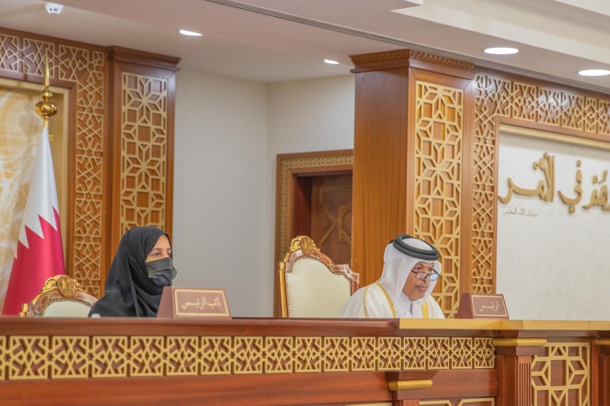 Shura Council Speaker H E Hassan bin Abdullah Al Ghanim chairing the Council's weekly meeting along with Deputy Speaker H E Dr. Hamda bint Hassan Al Sulaiti.
