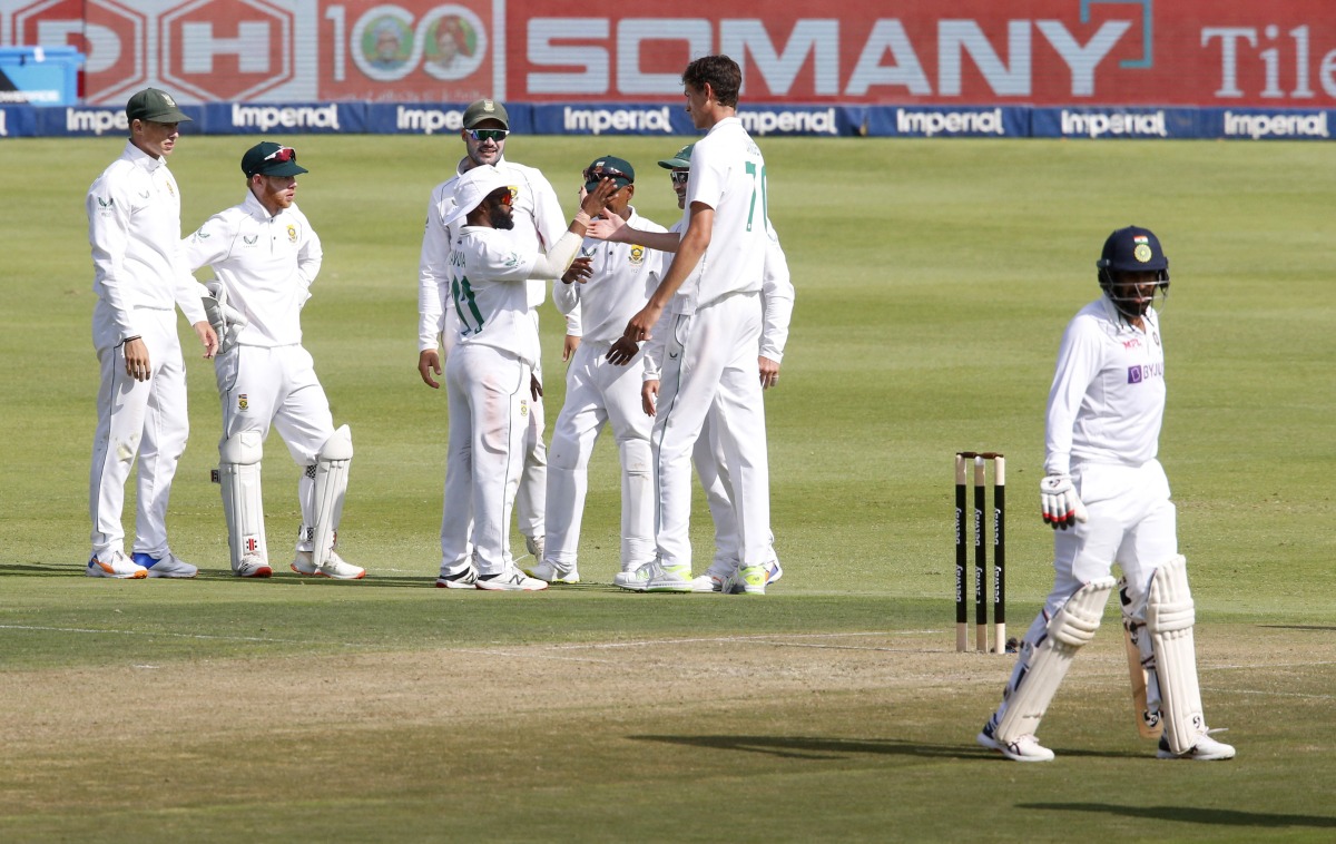 South Africa's Marco Jansen celebrates with teammates after taking the wicket of India's Ravichandran Ashwin REUTERS/Rogan Ward
