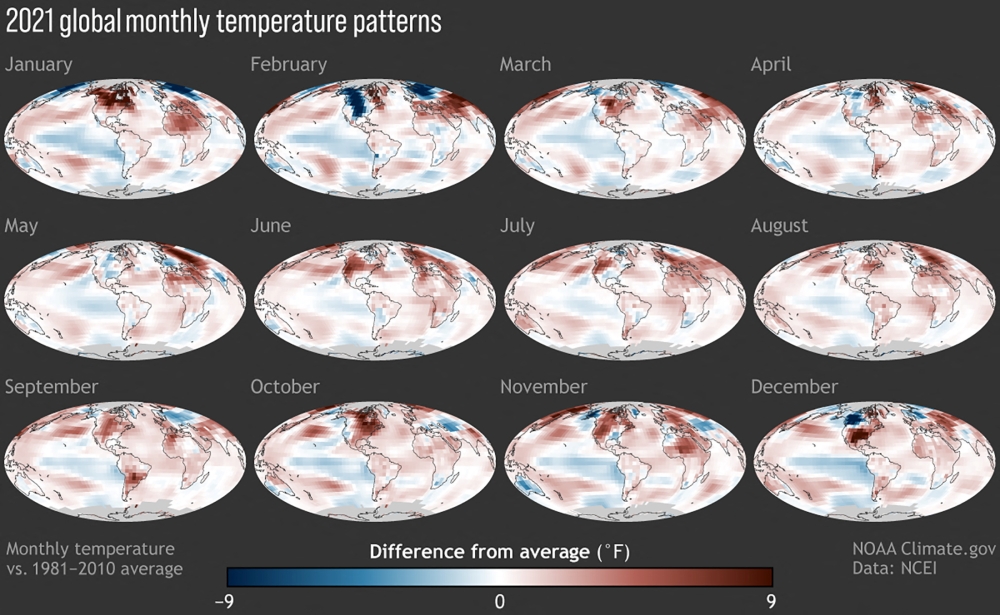 Monthly temperature patterns from data compiled by the U.S. National Oceanic and Atmospheric Administration (NOAA) and NASA illustrate that the last eight years were the eight hottest and the last decade was the warmest since record-keeping began in 1880, in a graphic release January 13, 2022. NOAA/Handout via REUTERS