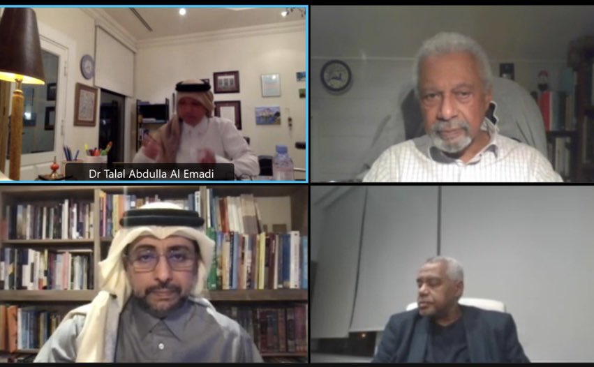 Nobel laureate Professor Abdulrazak Gurnah, QU President Dr. Hassan Al Derham and others during a QU Press discussion with QU and Doha Institute officials.