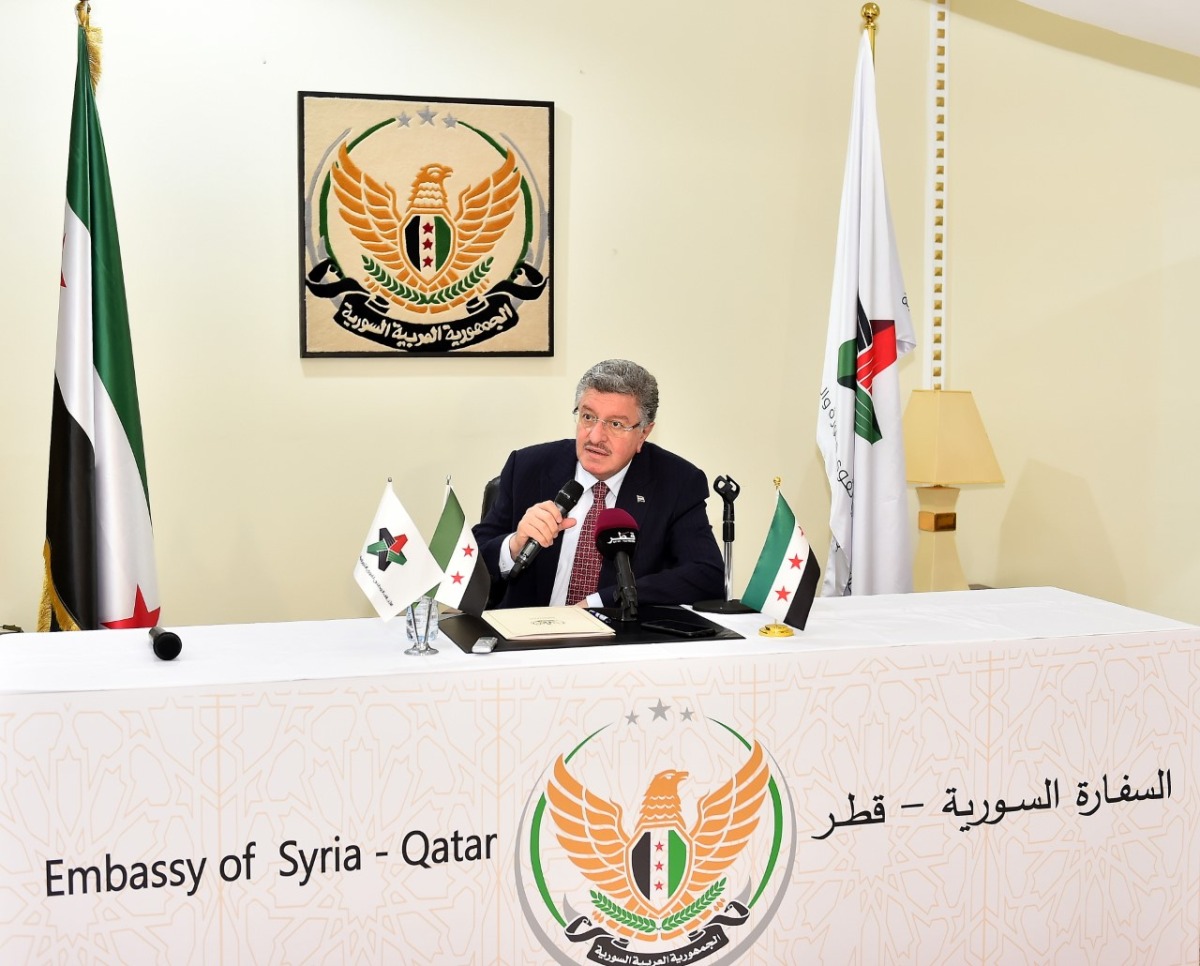 President of the National Coalition for Syrian Revolutionary and Opposition Forces, H E Salem Al Meslet, addressing a press reference held at the Syrian embassy in Doha, yesterday. PIC by Abdul Basit