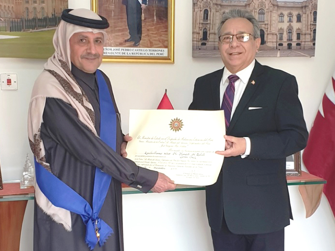 Ambassador of Peru in Qatar, Jose A Benzaquen granting Ali Hamad Al Sulaiti the “Gran Cruz” decoration in recognition of his role in contributing to enhancing bilateral relations.