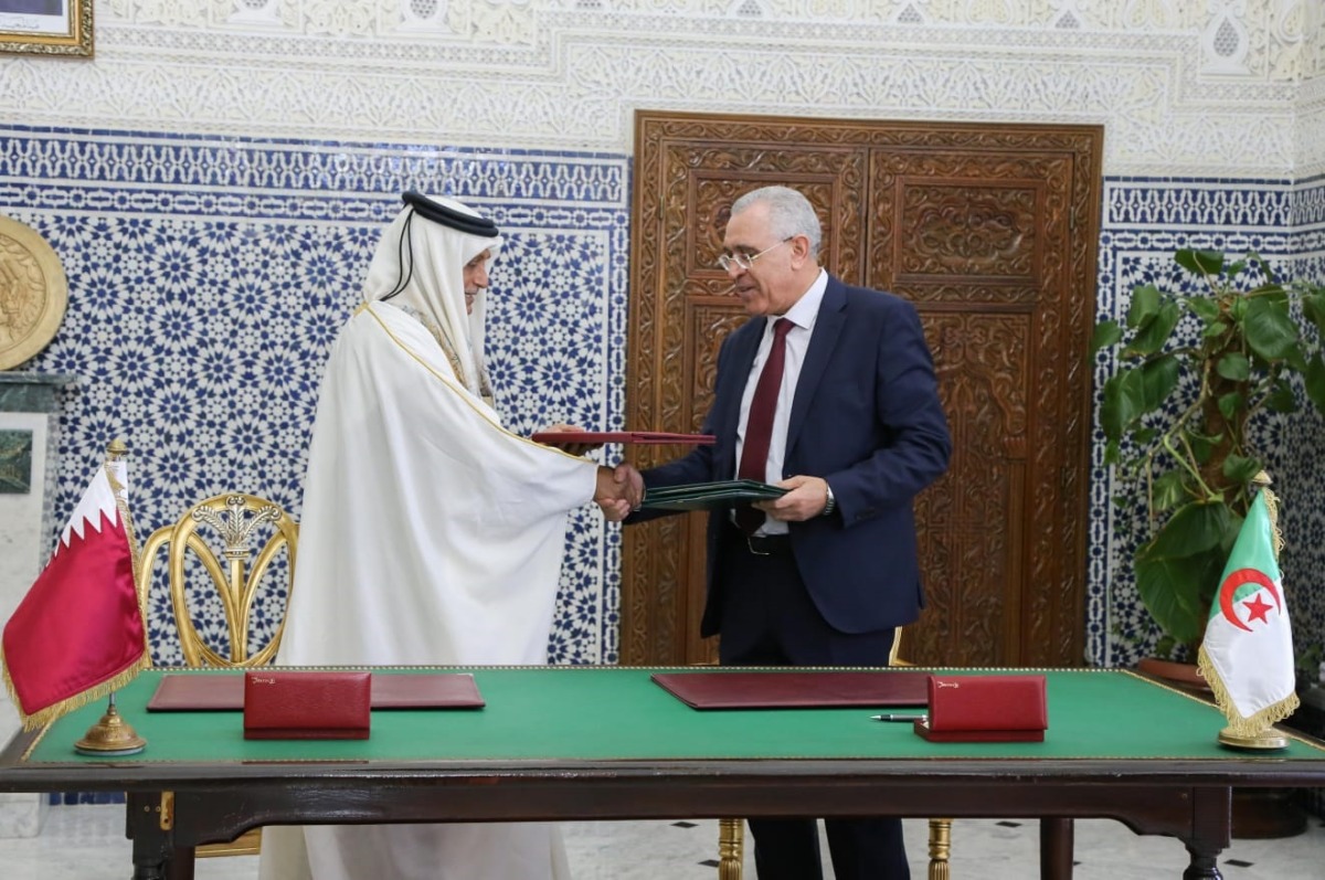 Minister of Justice H E Masoud bin Mohammed Al Amri and Algeria's Minister of Justice H E Abdul Rashid Tabbi at the MoU signing event.
