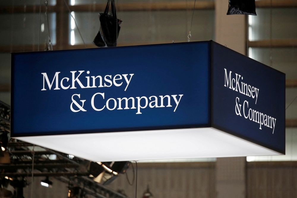 The logo of consulting firm McKinsey and Company is seen at the high profile startups and high tech leaders gathering, Viva Tech,in Paris, France May 16, 2019. REUTERS/Charles Platiau/File Photo