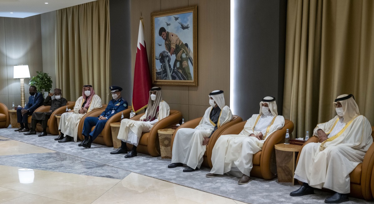 Amir H H Sheikh Tamim bin Hamad Al Thani with dignitaries during the graduation ceremony of the 9th batch of candidate students of Al Zaeem Mohamed Bin Abdullah Al Attiyah Air College. 
