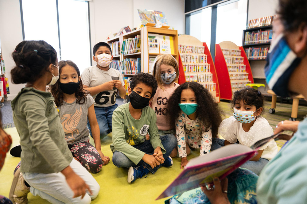 Students during a story reading session.