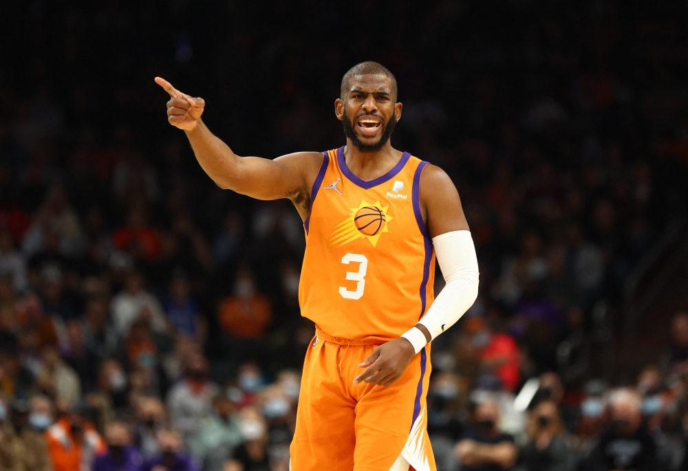 Phoenix Suns guard Chris Paul (3) reacts against the Minnesota Timberwolves in the first half at Footprint Center. Mark J. Rebilas-USA TODAY Sports