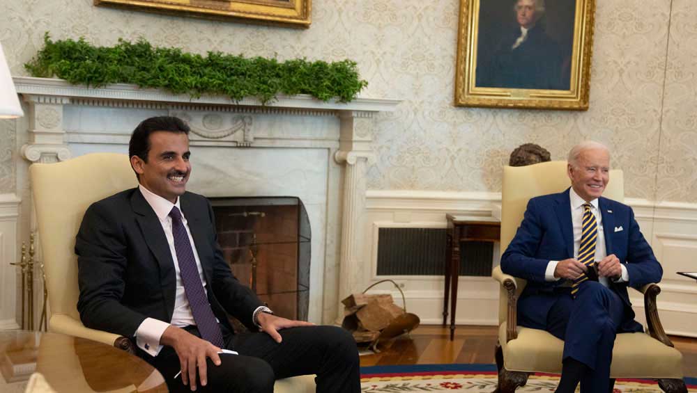 Amir H H Sheikh Tamim bin Hamad Al Thani with US President Joe Biden at the White House in Washington, yesterday.