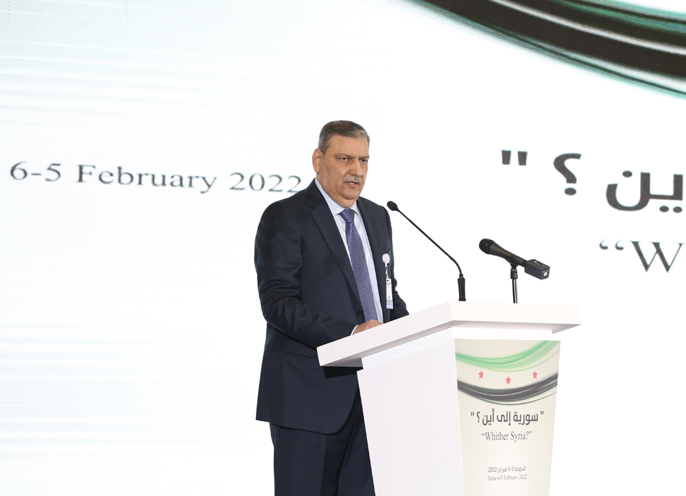 Former Syrian Prime Minister Dr. Riad Hijab addressing the opening session of ‘Whither Syria’ symposium, yesterday.