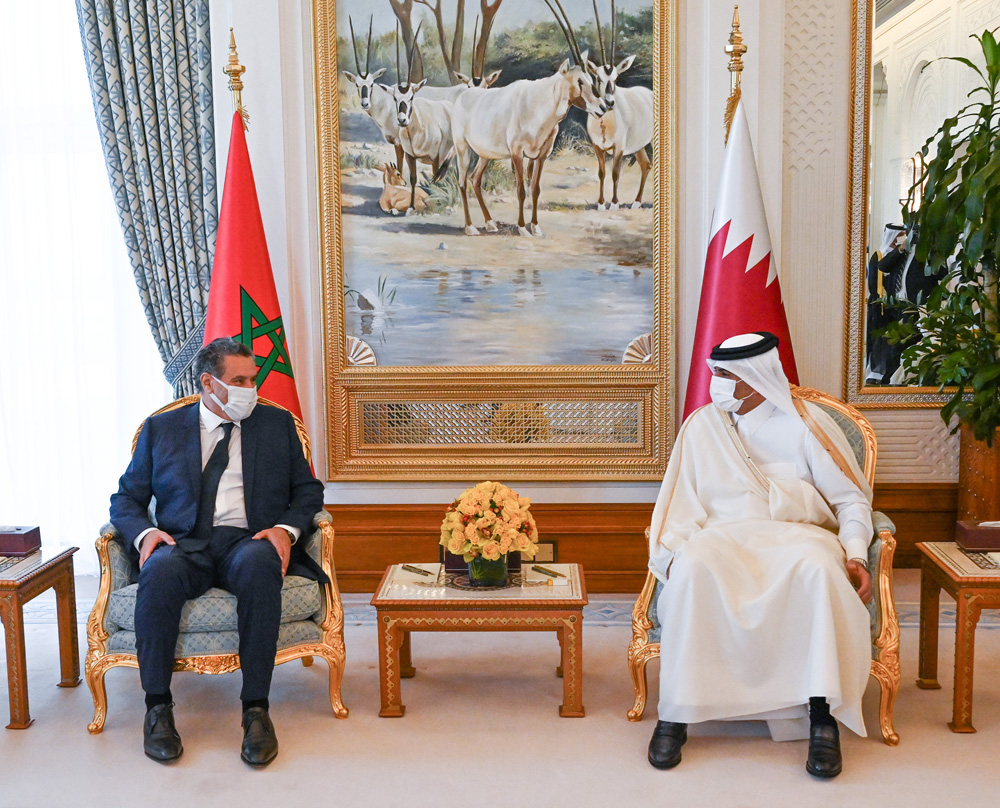 Prime Minister and Minister of Interior H E Sheikh Khalid bin Khalifa bin Abdulaziz Al Thani during a meeting with Head of Government of Morocco H E Aziz Akhannouch at the Amiri Diwan, yesterday. 
