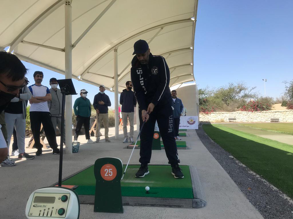 Minister of Environment and Climate Change H E Dr. Sheikh Faleh bin Nasser bin Ahmed bin Ali Al Thani playing golf at Education City Golf Club to mark National Sport Day.