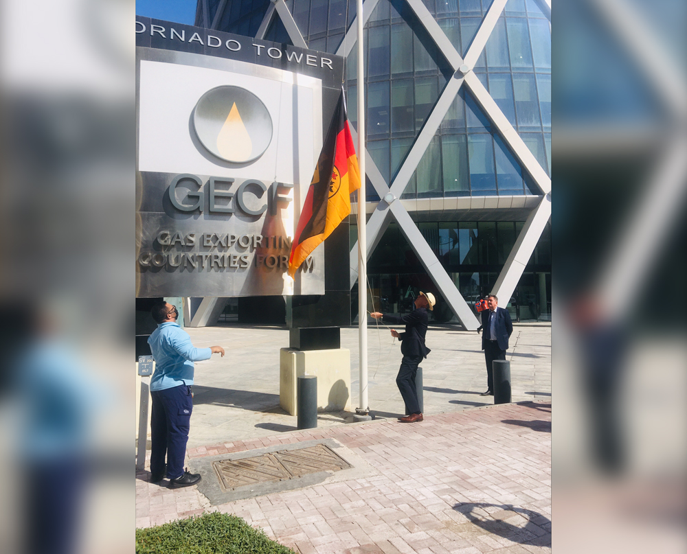 Ambassador of Germany to Qatar Dr. Claudius Fischbach raises the German flag at its new premises in Doha, yesterday. 
Pic: Ayeni Olusegun/The Peninsula