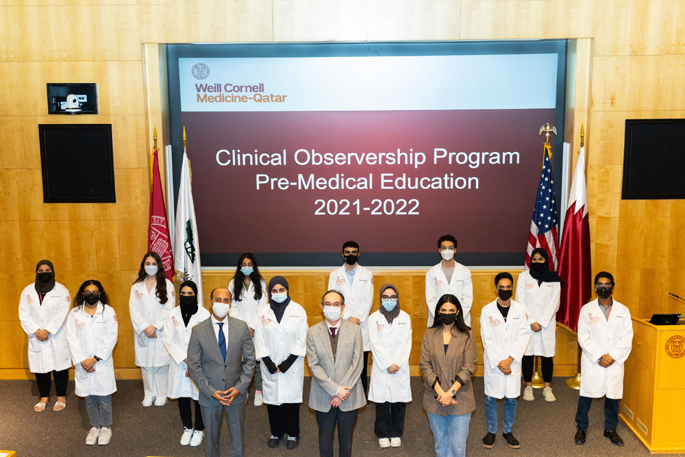 Dr. Rachid Bendriss, Dr. Marco Ameduri and Haya Haj Ahmad (front row from left), guided WCM-Q students through the college’s Clinical Observership Experience.