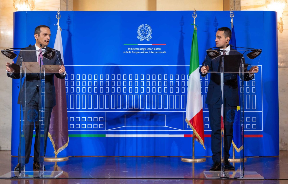 Deputy Prime Minister and Minister of Foreign Affairs H E Sheikh Mohammed bin Abdulrahman Al Thani with his Italian counterpart Luigi Di Maio, in Rome, yesterday.