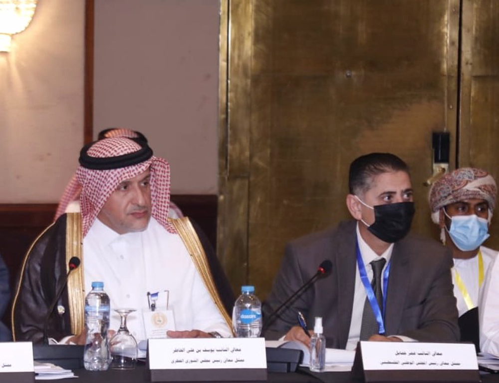 Member of the Shura Council H E Yousef bin Ali Al Khater and  Secretary-General H E Dr. Ahmed bin Nasser Al Fadhala attending the meeting in Cairo, yesterday.