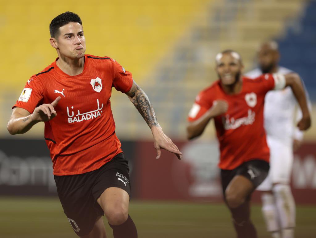 James Rodriguez celebrates after scoring Al Rayyan's goal.