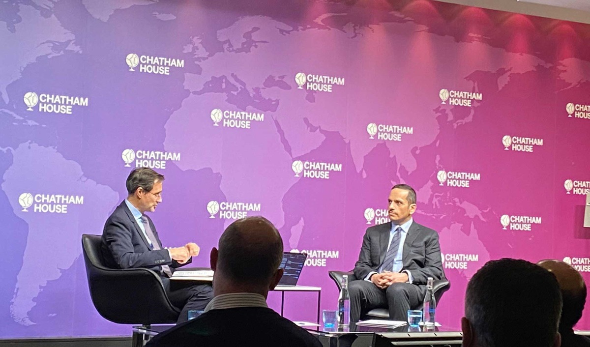 Deputy Prime Minister and Minister of Foreign Affairs H E Sheikh Mohammed bin Abdulrahman Al Thani at a Chatham House session, in London, yesterday. 