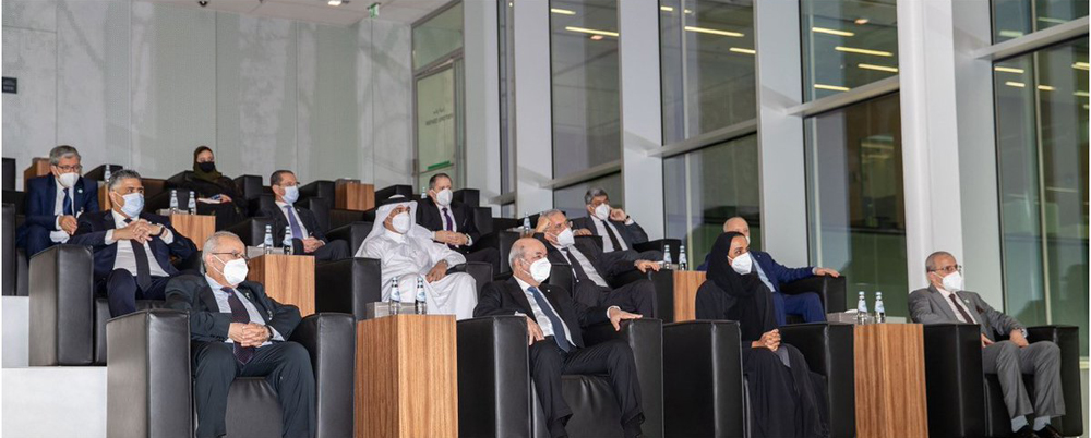 President of Algeria H E Abdelmadjid Tebboune; Vice-Chairperson and CEO of Qatar Foundation H E Sheikha Hind bint Hamad Al Thani; and others attend a briefing at Qatar Foundation headquarters yesterday. 