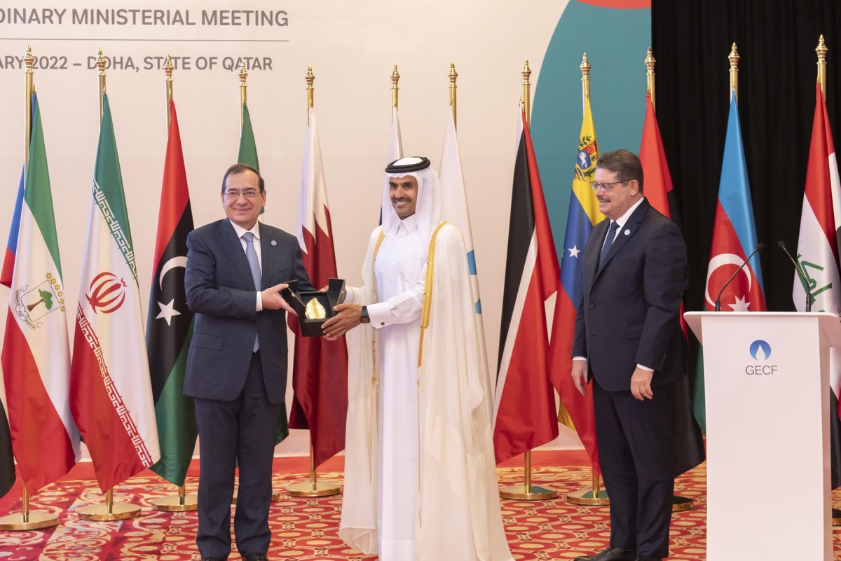 Minister of State for Energy Affairs H E Eng. Saad bin Sherida Al Kaabi flanked by H E Tarek El-Molla (left) of Egypt and Eng. Mohamed Hamel of the GECF during the inaugural GECF Awards ceremony.