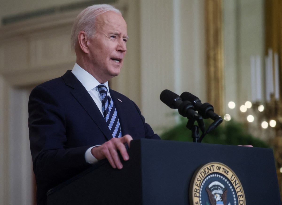 U.S. President Joe Biden delivers remarks on Russia's attack on Ukraine, in the East Room of the White House in Washington, U.S., February 24, 2022. REUTERS/Leah Millis
