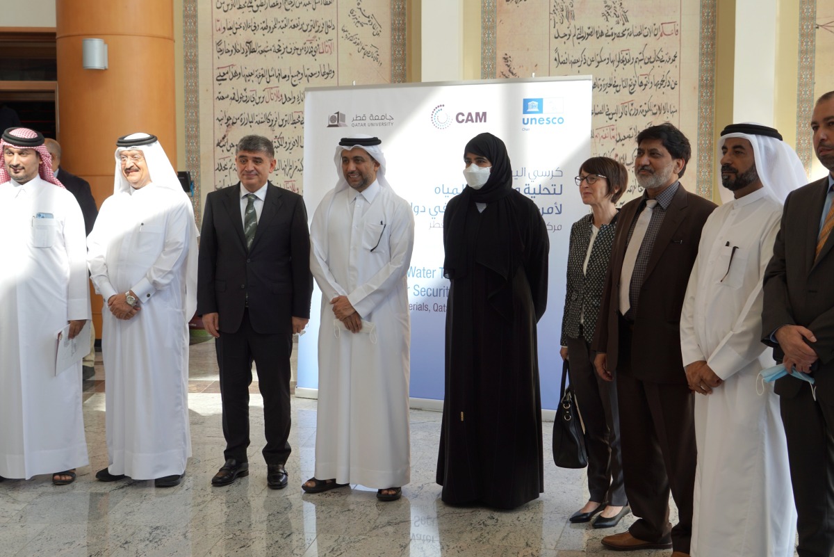 Ambassador of Turkey to Qatar H E Dr. Mustafa Goksu, Qatar University President Dr. Hassan Al Derham, Vice-President for Research and Graduate Studies Professor Mariam Al Maadeed, Program Specialist at Unesco Office for the GCC and Yemen Farida Aboudan and other officials during the launch of the Unesco chair at the QU.