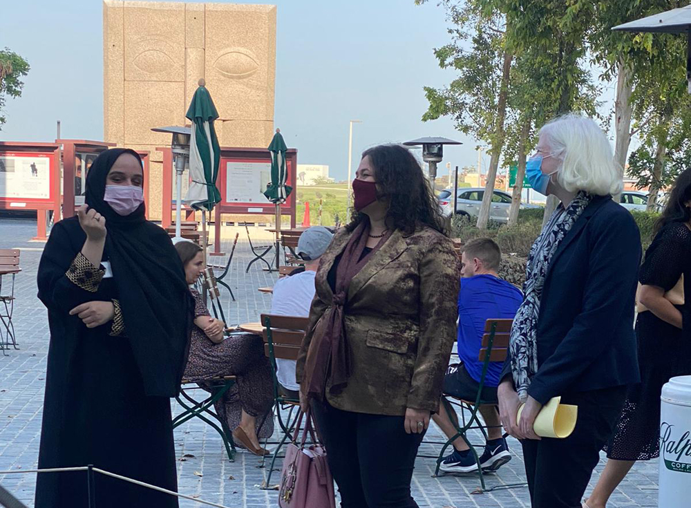 Acting deputy chief of US Embassy in Doha, Megan Schildgen (centre) and Acting Chargé d’Affaires at the French Embassy, Marie-Gaëlle Robles (right) during ‘Virgil Abloh: The Face Behind Louis Vuitton’ exhibition at the Fire Station, yesterday.