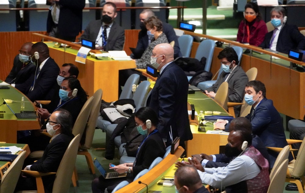 Russian Ambassador to the U.N. Vasily Nebenzya walks to the podium during the 11th emergency special session of the 193-member U.N. General Assembly on Russia's invasion of Ukraine, at the United Nations Headquarters in Manhattan, New York City, New York, U.S. February 28, 2022. REUTERS.