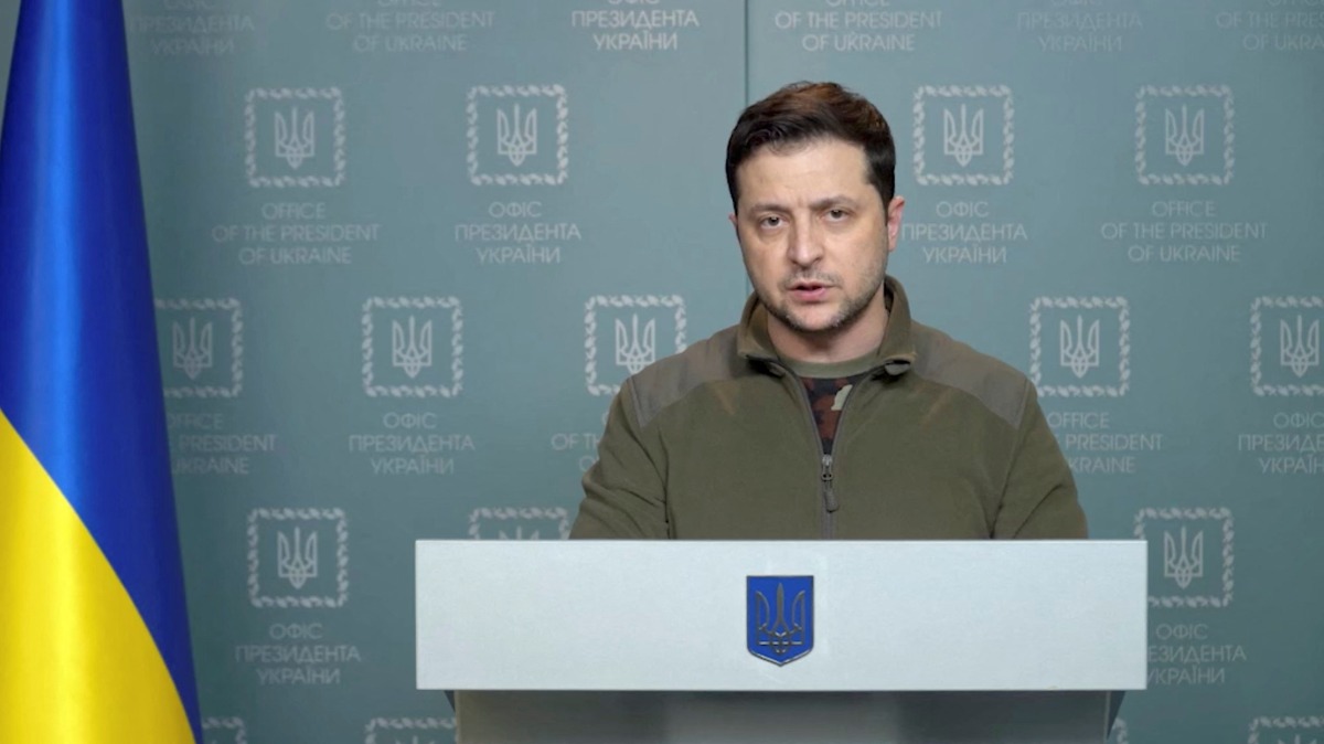 Ukrainian President Volodymyr Zelenskiy makes a statement in Kyiv, in Ukraine, February 28, 2022, in this still image taken from a handout video. Ukrainian Presidential Press Service/Handout via REUTERS 