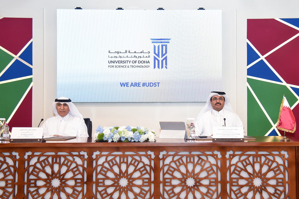 H E Dr. Mohammed bin Saleh Al Sada (right), Chairman of the University of Doha for Science and Technology Board of Trustees and Former Minister of Energy and Industry, and Dr. Salem Al Naemi, UDST President during a press conference to announce the launch of the university yesterday.