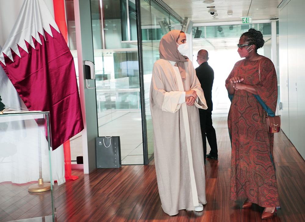 First Lady of Namibia H E Monica Geingos with H E Sheikha Hind bint Hamad Al Thani, Vice Chairperson and CEO of Qatar Foundation, during a visit to the Education City.