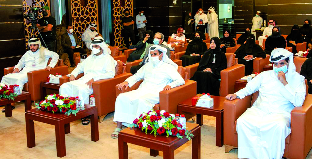 Minister of Culture H E Sheikh Abdulrahman bin Hamad Al Thani and officials during the symposium.