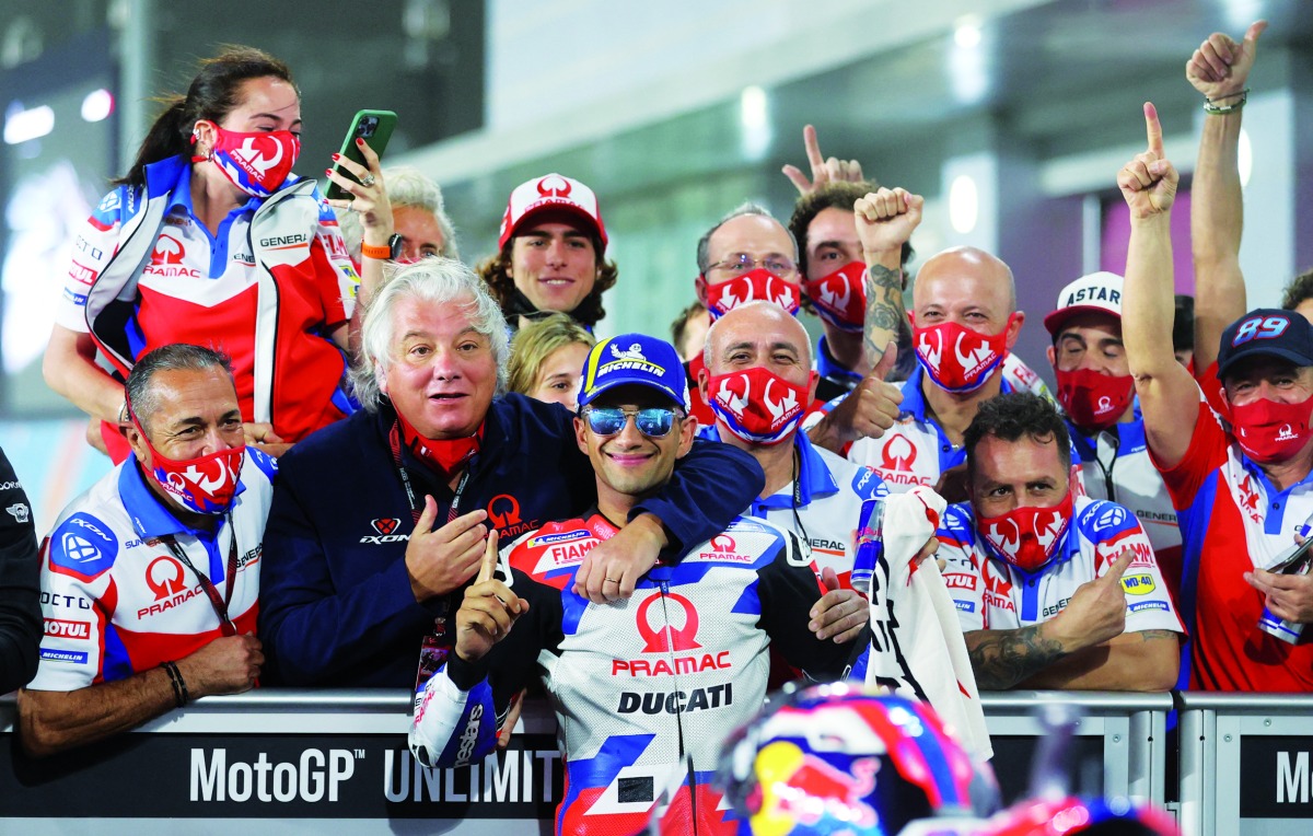 Pramac Racing’s Jorge Martin celebrates with his crew after qualifying in pole position ahead of the MotoGP Grand Prix of Qatar, yesterday.