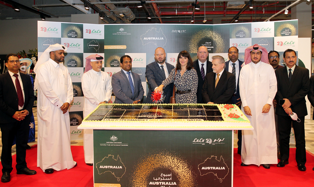 Ambassador of Australia to Qatar Jonathan Muir; Director of Lulu Group International Dr Mohamed Althaf; and others during the opening of ‘Australia Week 2022’ at the Abu Sidra branch of Lulu Hypermarket. Pics: Salim Matramkot/The Peninsula