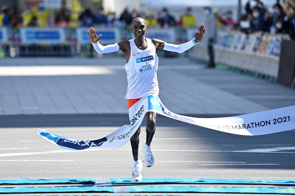 Kenyan Eliud Kipchoge crosses the finish line to win the men's category in the Tokyo Marathon in Tokyo, Japan March 6, 2022. Kazuhiro Nogi/Pool via REUTERS