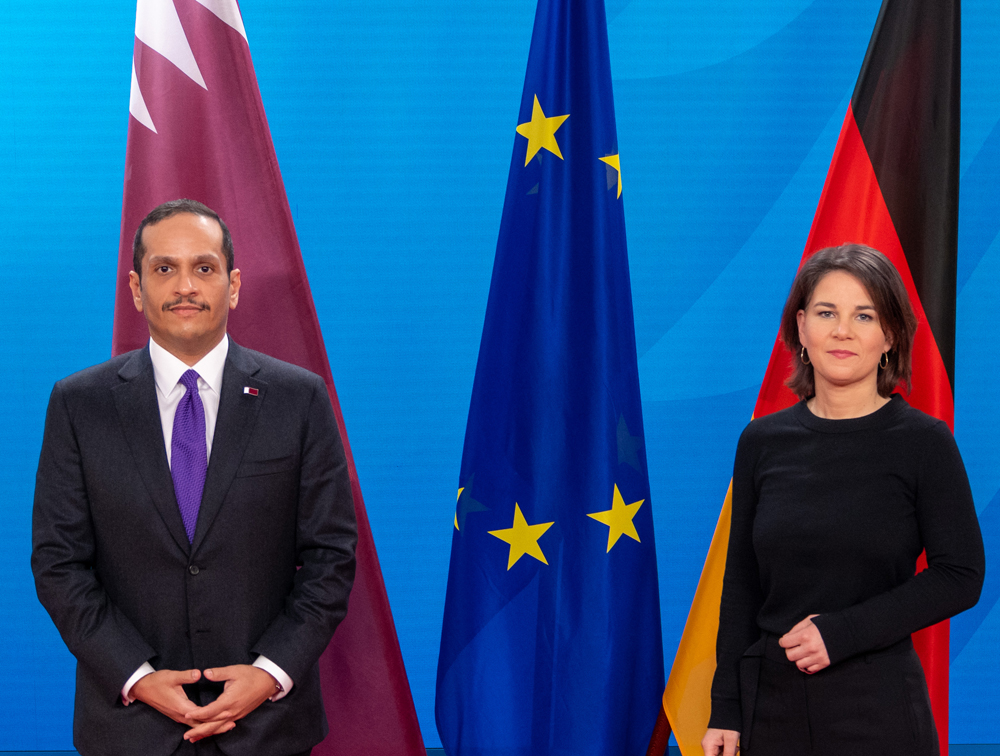 Deputy Prime Minister and Minister of Foreign Affairs H E Sheikh Mohammed bin Abdulrahman Al Thani with Minister of Foreign Affairs of Germany H E Annalena Baerbock. 